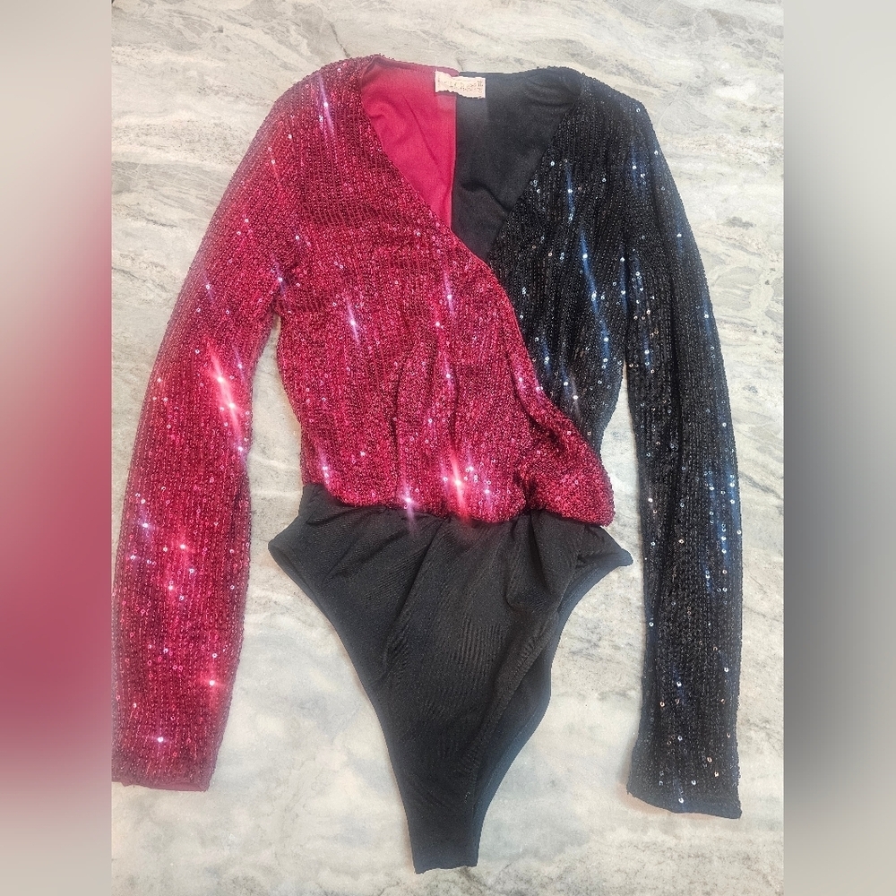 Club L London Sequin Colorblock Wrap Bodysuit US 6 UK 10 Long Sleeve Party NYE